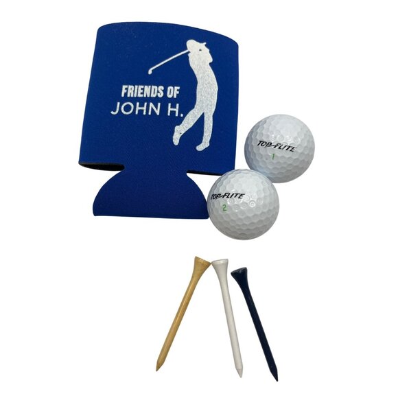 Golf Gift Set: Top-Flite Balls Tees & "Friends Of John H." Blue Koozie 24k - Picture 2 of 3